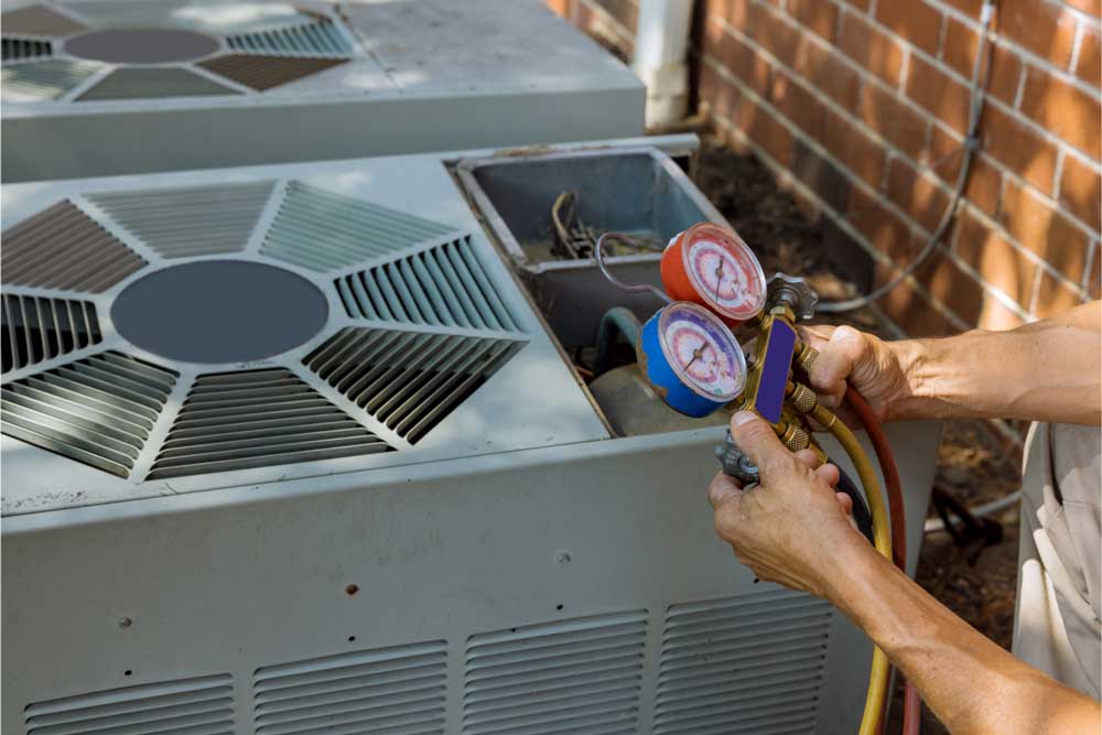 Technician using a manifold gauge to check an outdoor AC unit