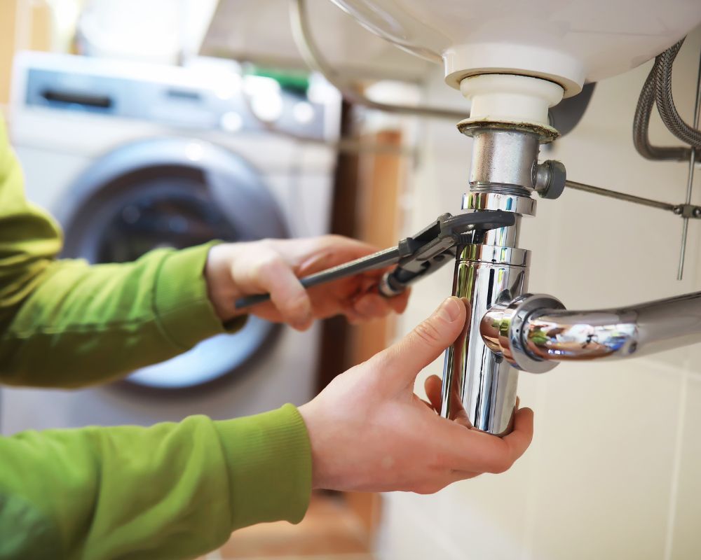 Plumber fixing sink drain pipe with wrench