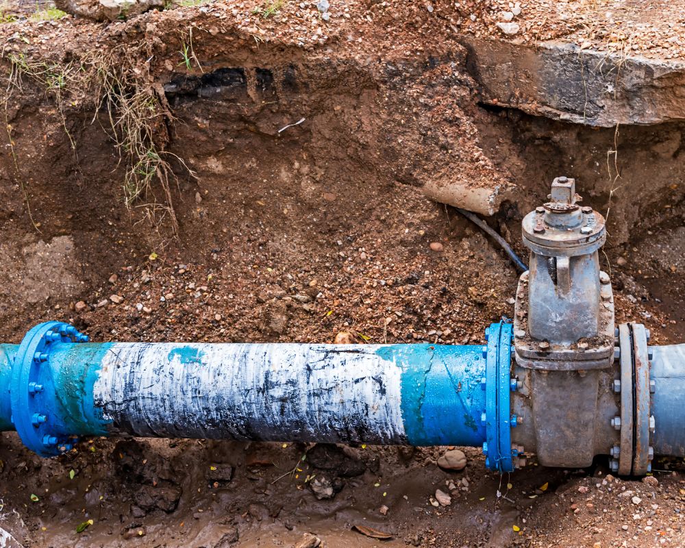 Underground water pipeline with a large valve exposed for maintenance